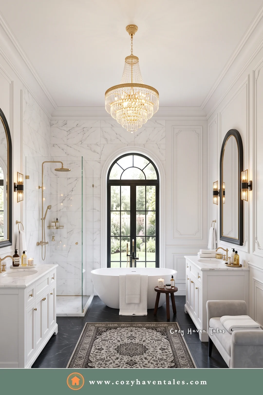 Traditional bathroom with a black marble floor, a patterned rug, twin vanities, and arched French doors
