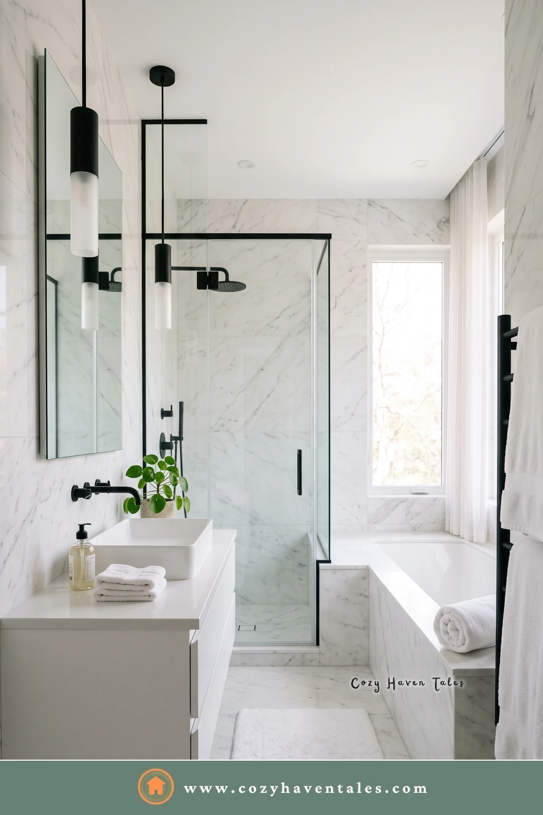 Bathroom with slim black pendant lights, black fixtures, and a marble tub surround