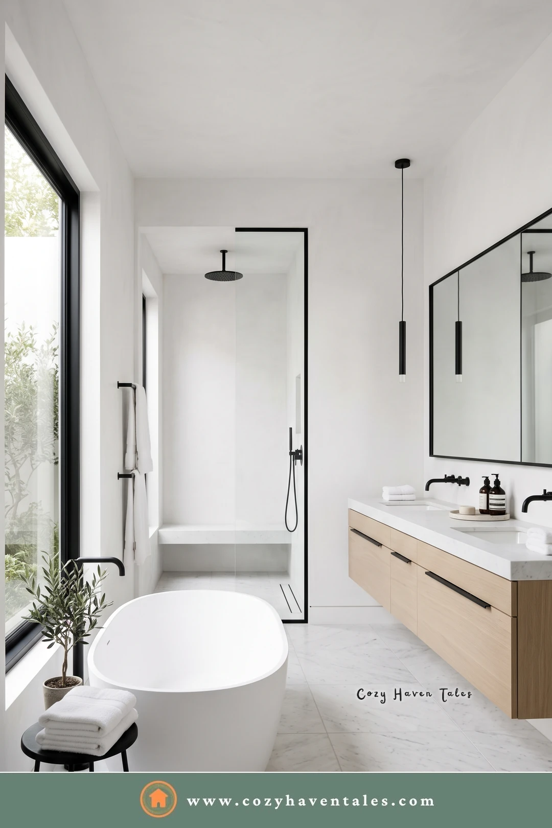Bathroom with a black-framed window, a black-framed shower, a light oak vanity, and a freestanding tub