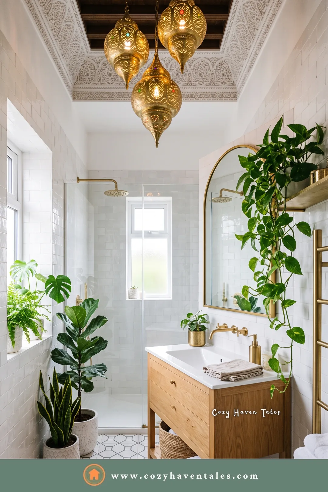 Boho white bathroom with gold Moroccan lanterns, a wood vanity, and trailing plants