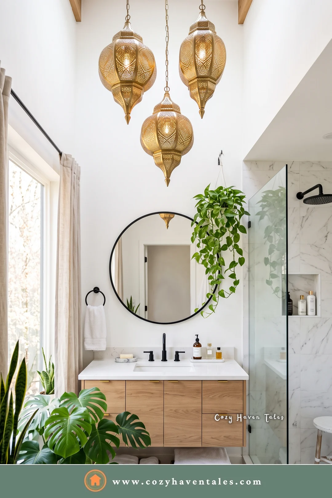 Bathroom with brass lanterns, a round black mirror, a floating oak vanity, and potted plants