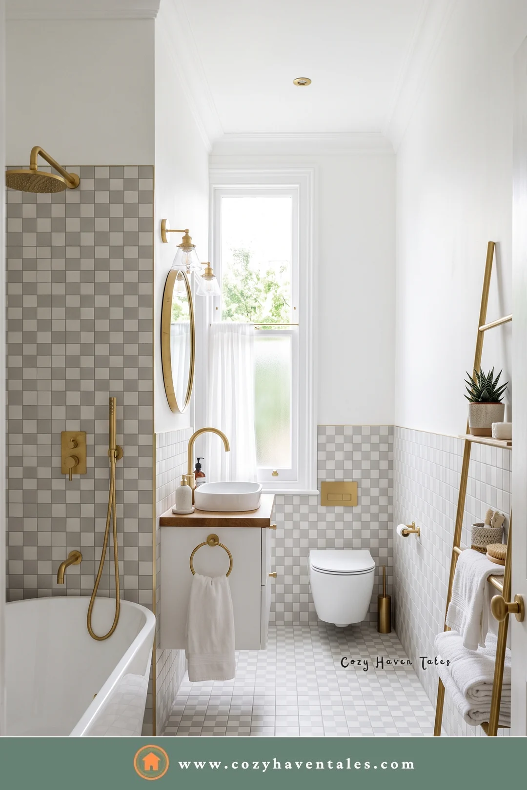 Narrow bathroom with gray and white checkerboard tile, a gold rain shower, a wall-hung toilet, and a gold towel ladder