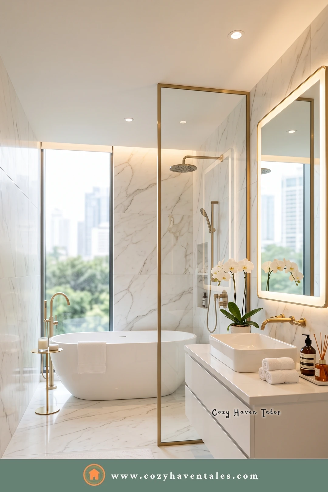 White marble bathroom with a city view, a gold-framed glass shower, a backlit arched mirror, and a freestanding tub