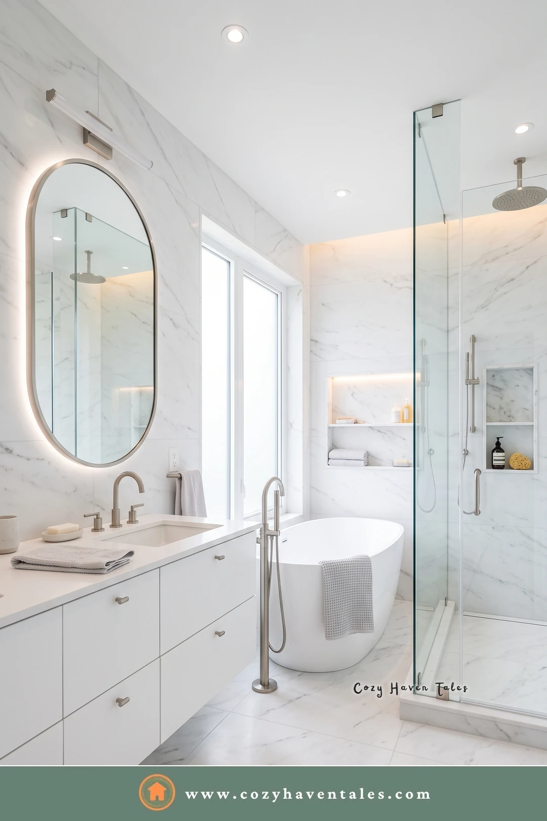 Compact white marble ensuite with a backlit oval mirror, a walk-in glass shower, and a freestanding tub