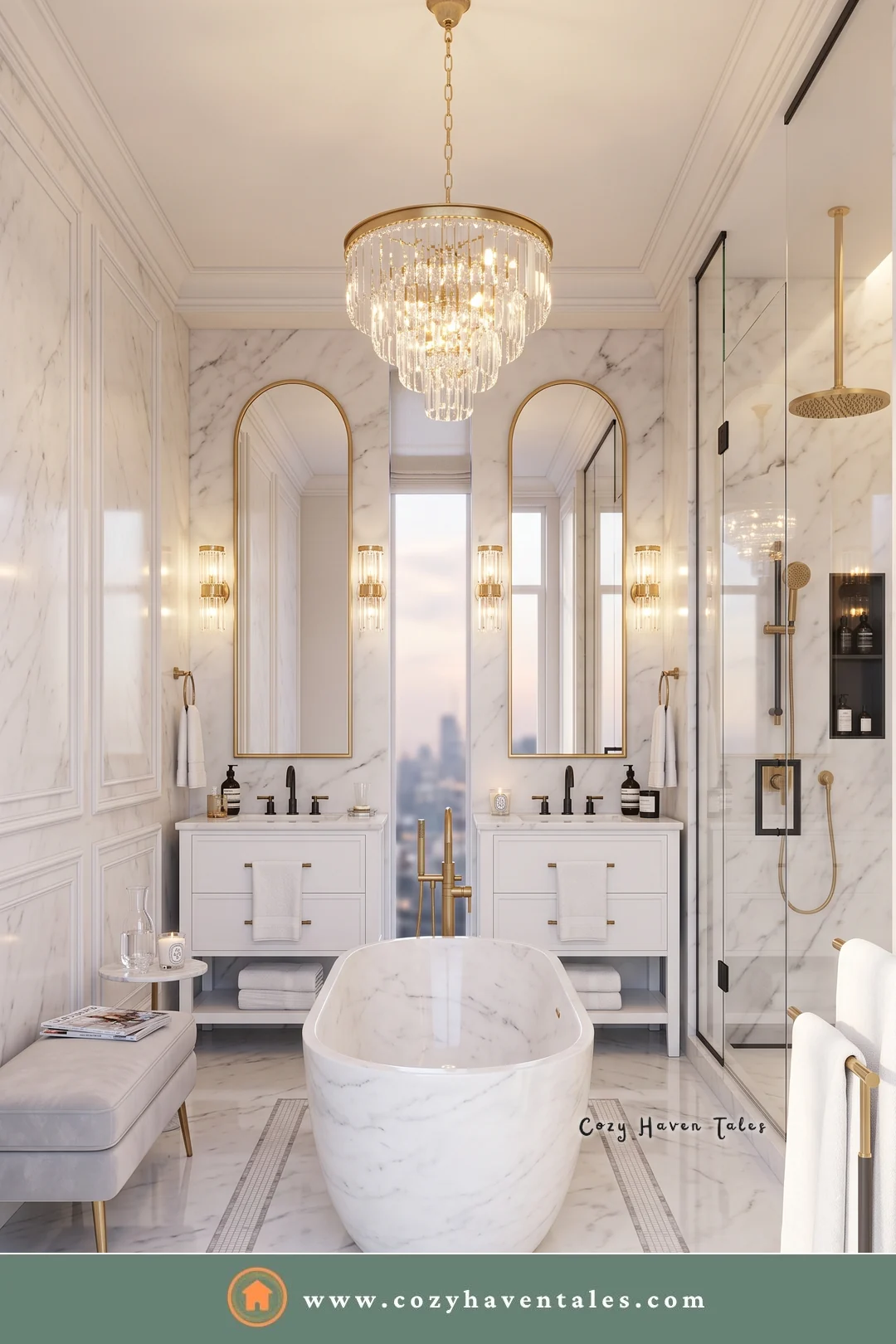 Glamorous white bathroom with a crystal chandelier, a marble tub, twin vanities, and arched mirrors