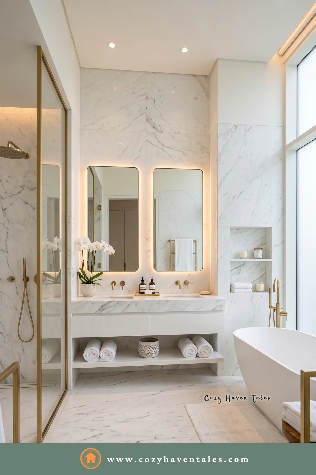 White marble bathroom with a double vanity, an open towel shelf, backlit mirrors, and a freestanding tub