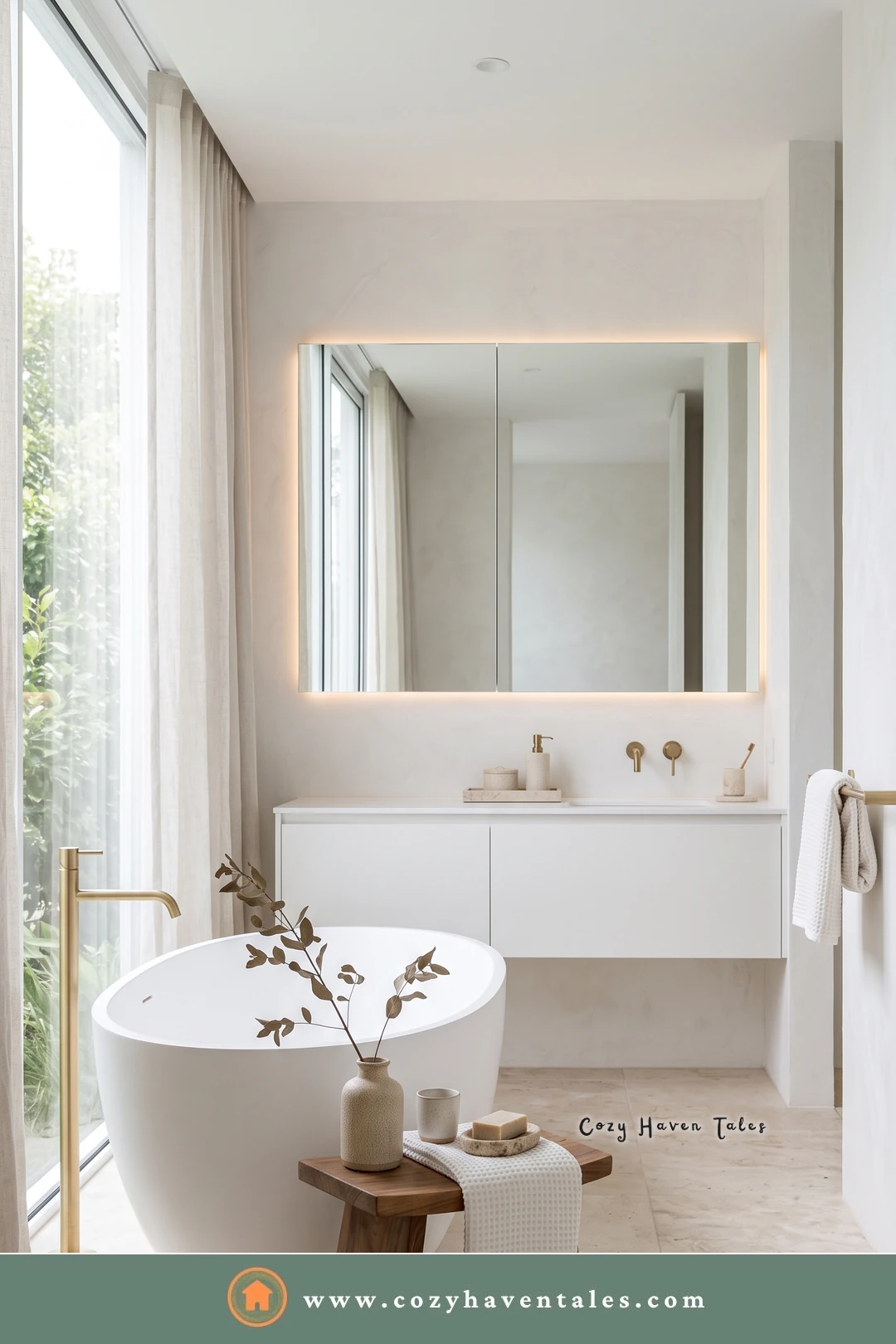 Bathroom with an egg-shaped freestanding tub, a brass floor faucet, a glass garden door, and a wooden stool