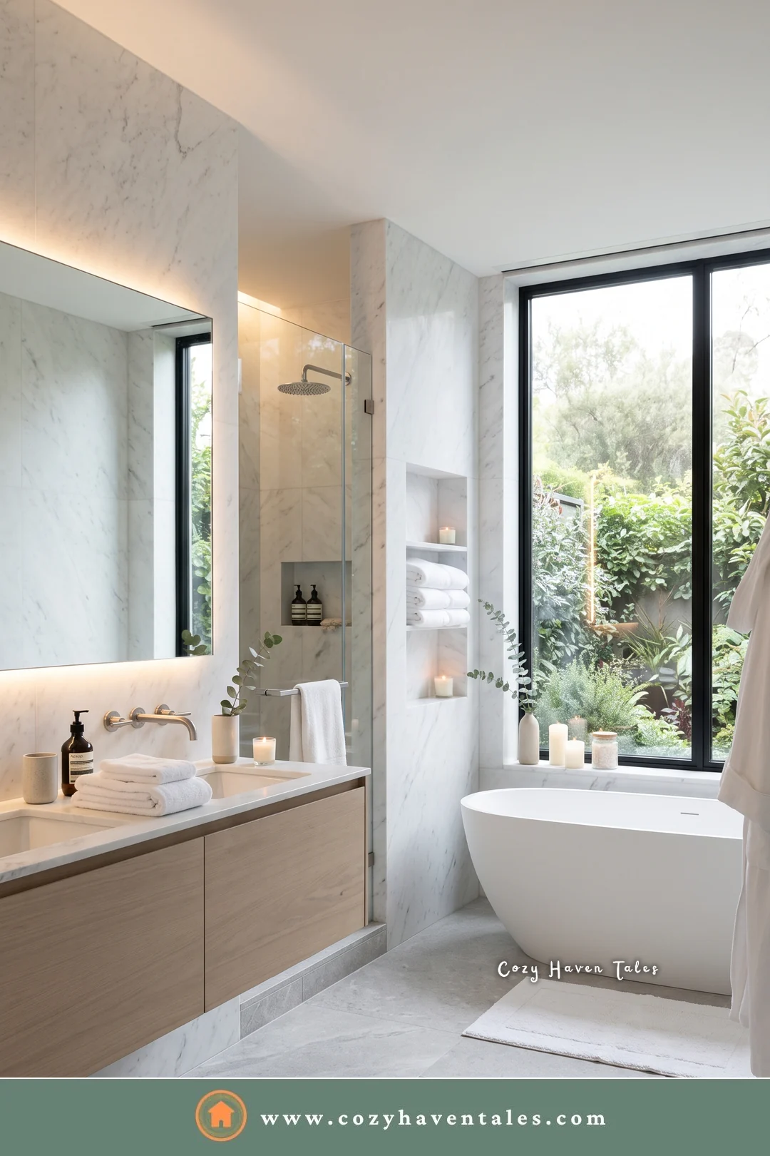 Bathroom with a floating oak vanity, backlit mirror, and a freestanding tub by a black garden window