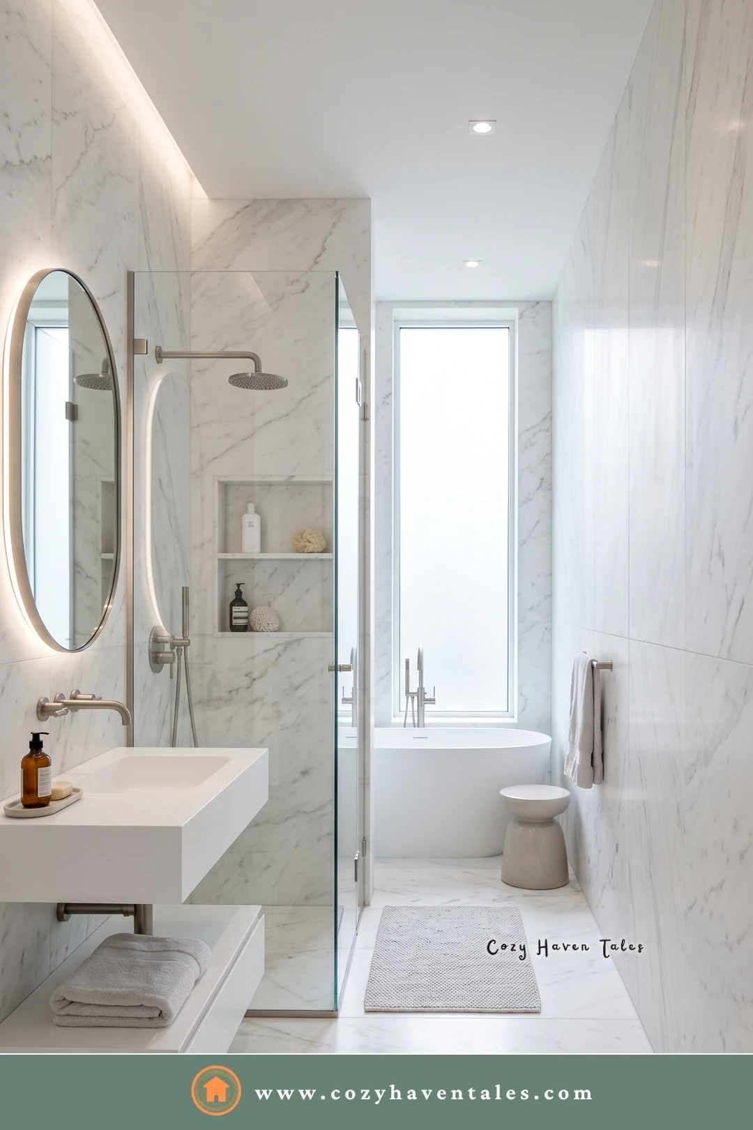 Narrow white bathroom with a floating sink, a towel shelf below, a frameless glass shower, and a window