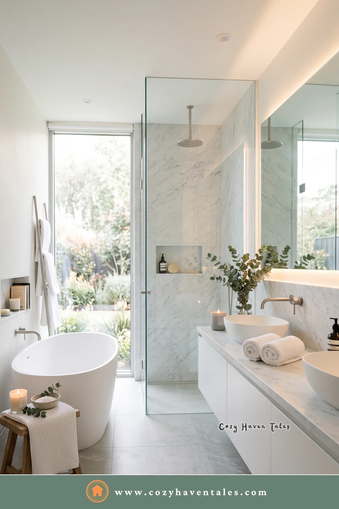 White bathroom with a garden view, a double vessel-sink vanity, lit niches, and a wooden stool