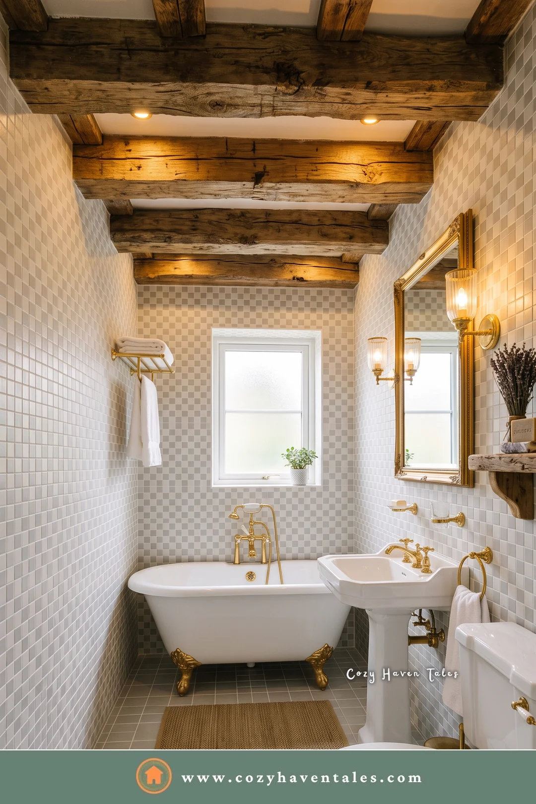 White bathroom with a clawfoot tub on gold feet, white mosaic tile, wood beams, and an ornate gold mirror