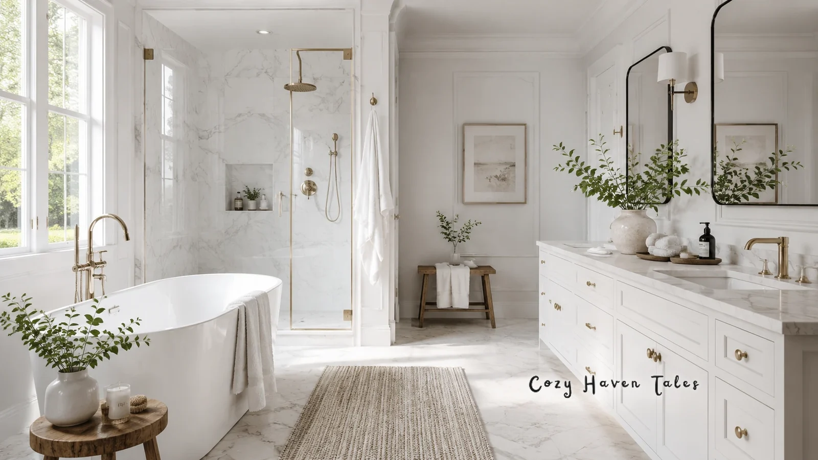 White bathroom with a freestanding tub, brass fixtures, a marble walk-in shower, a white vanity, and a jute rug