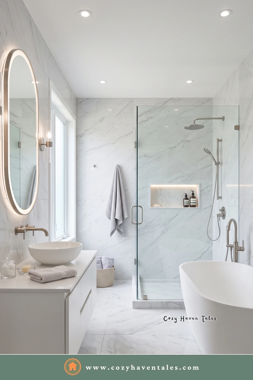 White marble bathroom with a backlit oval mirror, a vessel sink, and a frameless glass walk-in shower