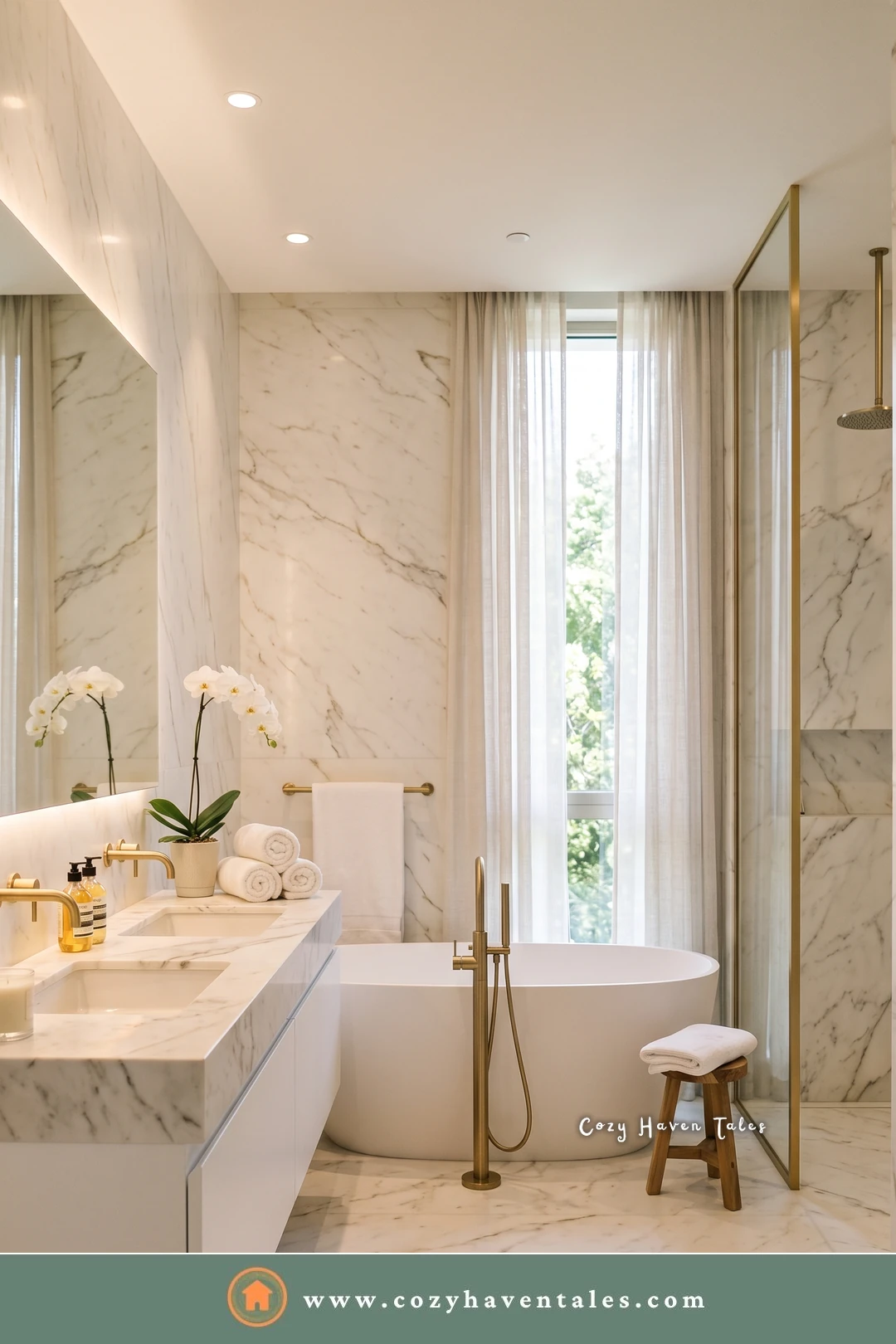 White marble bathroom with a thick marble vanity top, a brass floor-mounted tub filler, and sheer curtains