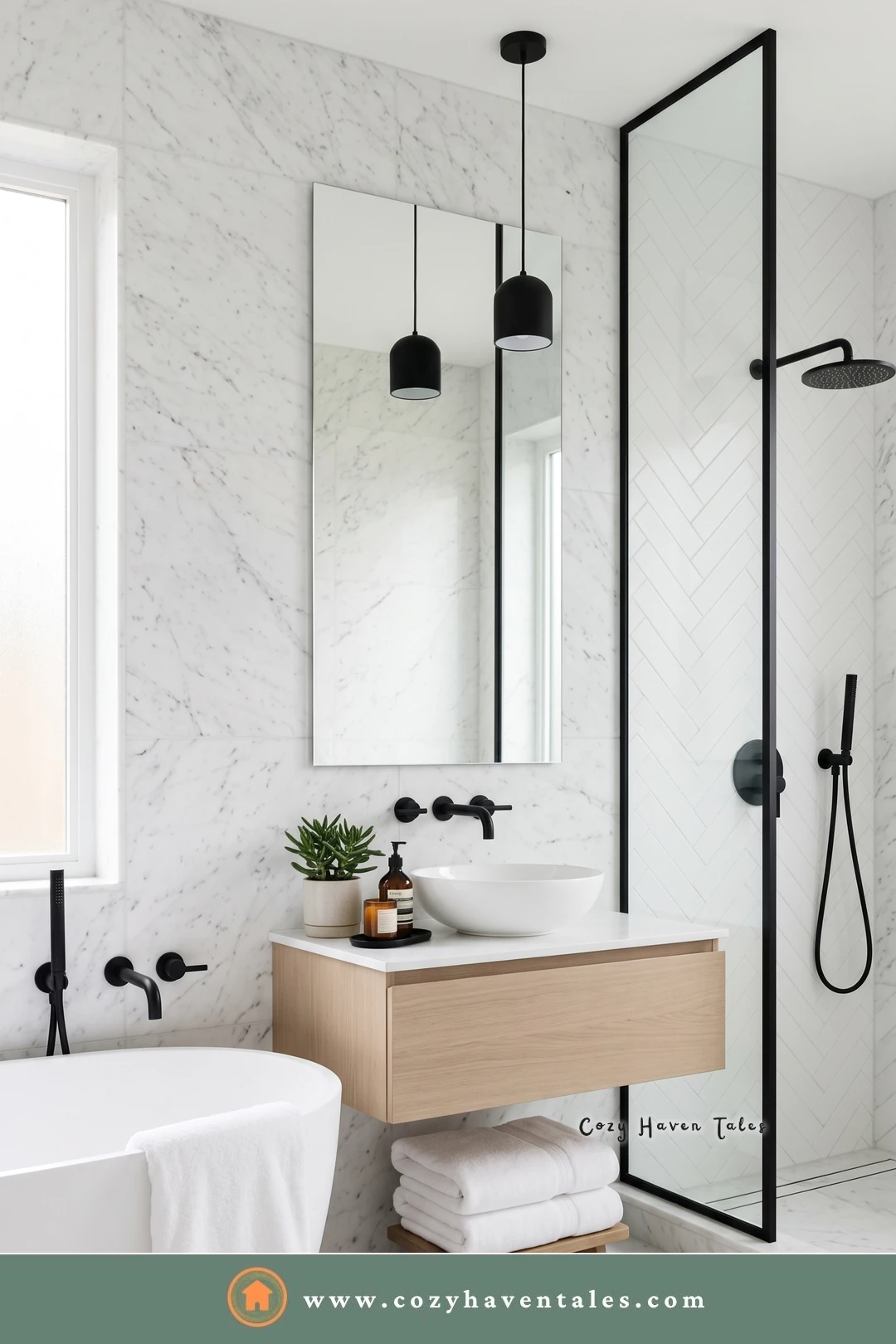 White marble bathroom with matte black taps, a black-framed shower, and a light oak floating vanity