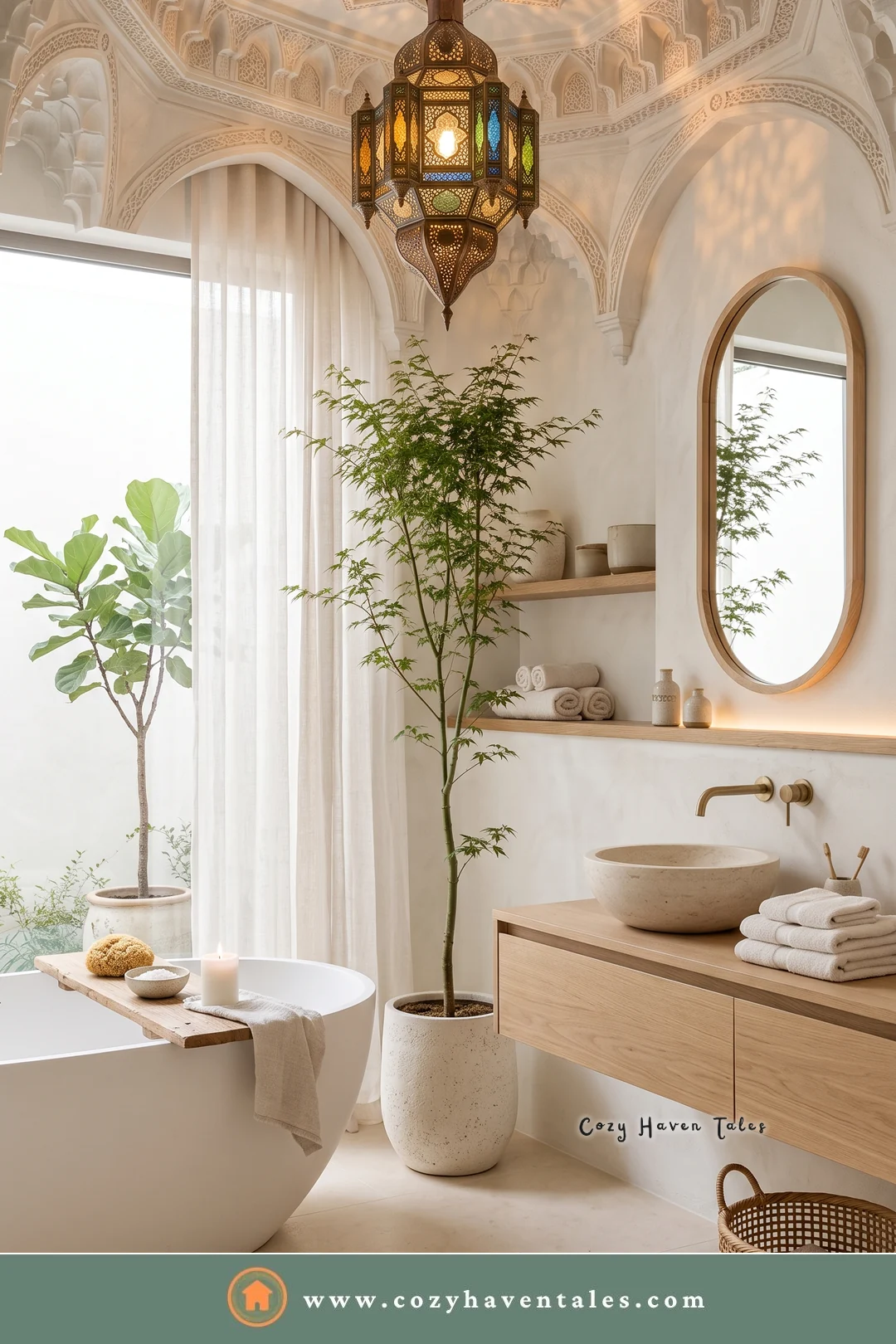 Bathroom with a carved Moroccan plaster ceiling, a colorful lantern, a wood vanity, and a potted tree
