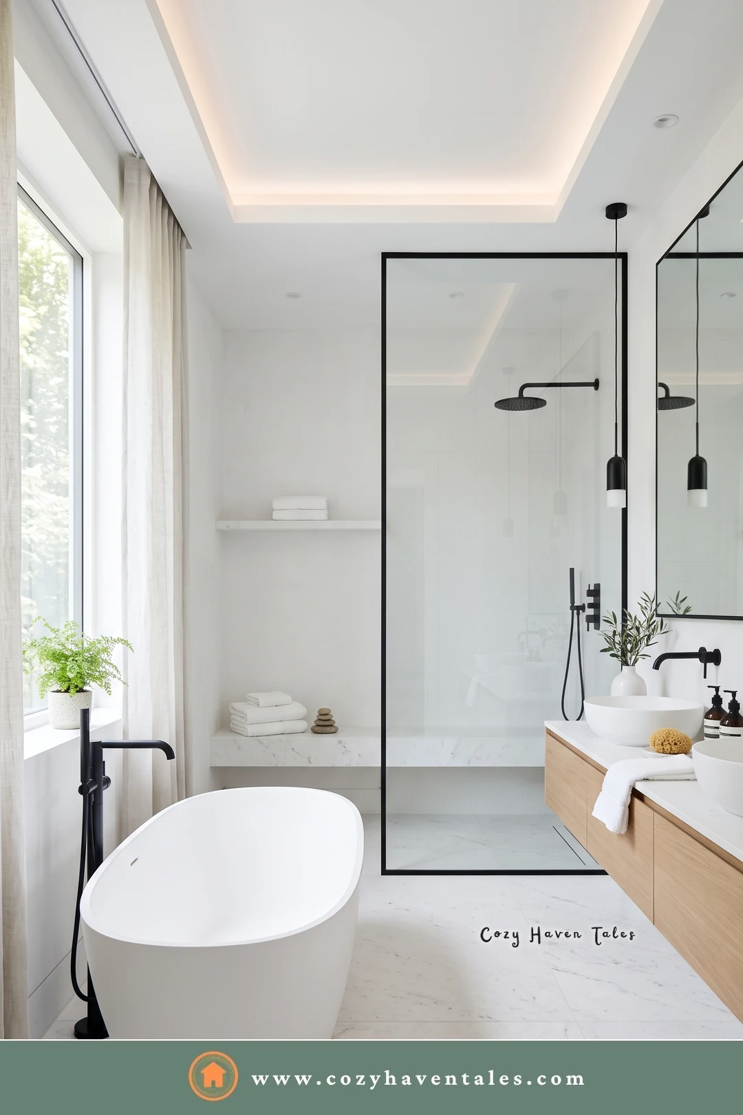 Bathroom with a black-framed shower, a black tub filler, a light oak vanity, and a cove-lit ceiling