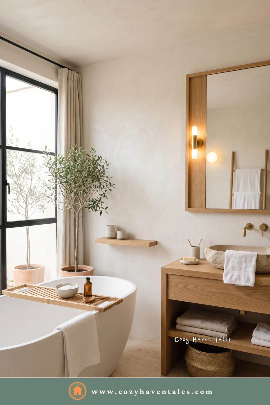 White bathroom with open wood shelves under a vessel sink, a freestanding tub with a bamboo bath tray, and an olive tree
