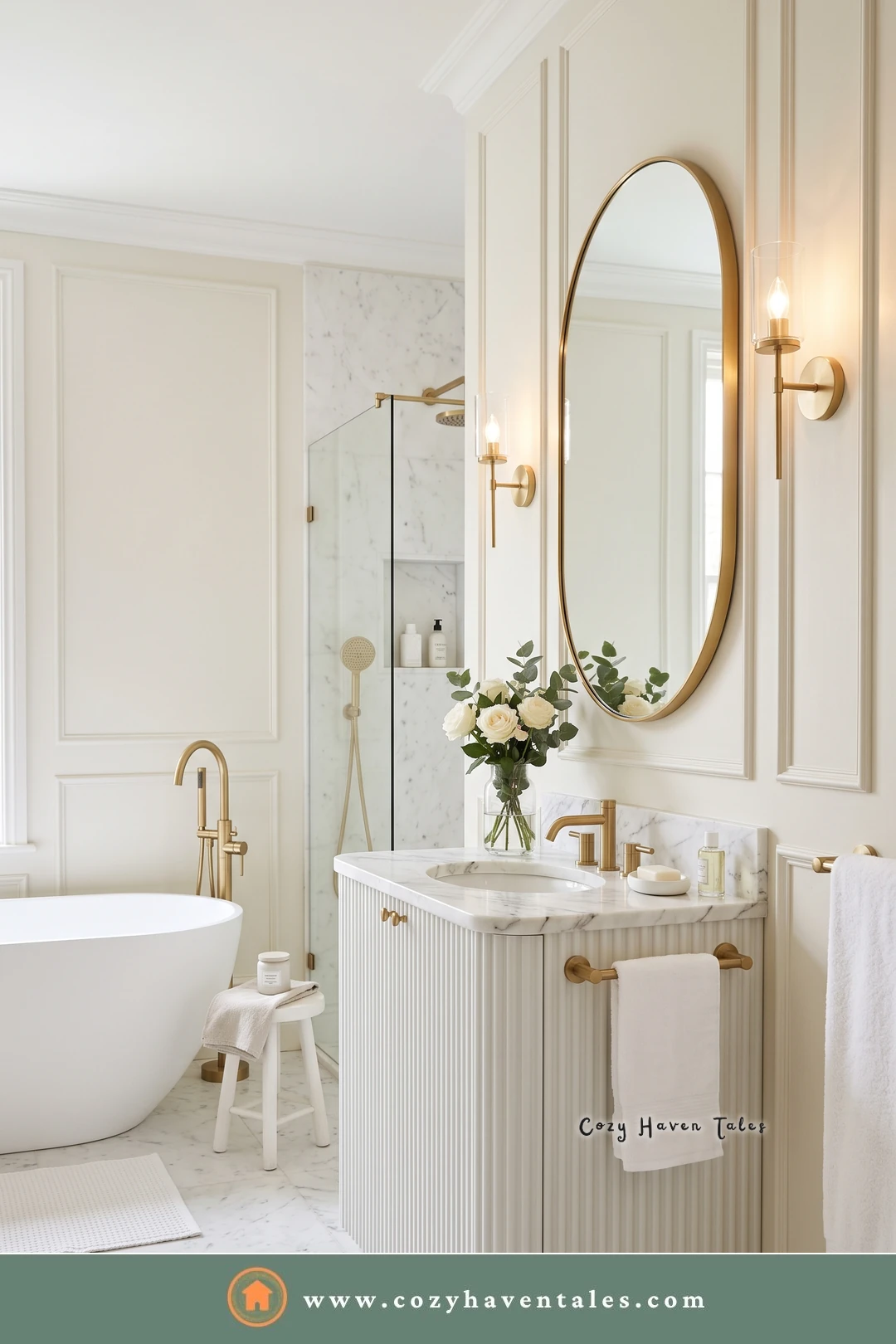 Bathroom with paneled walls, a fluted vanity, a tall oval brass mirror, and a freestanding tub
