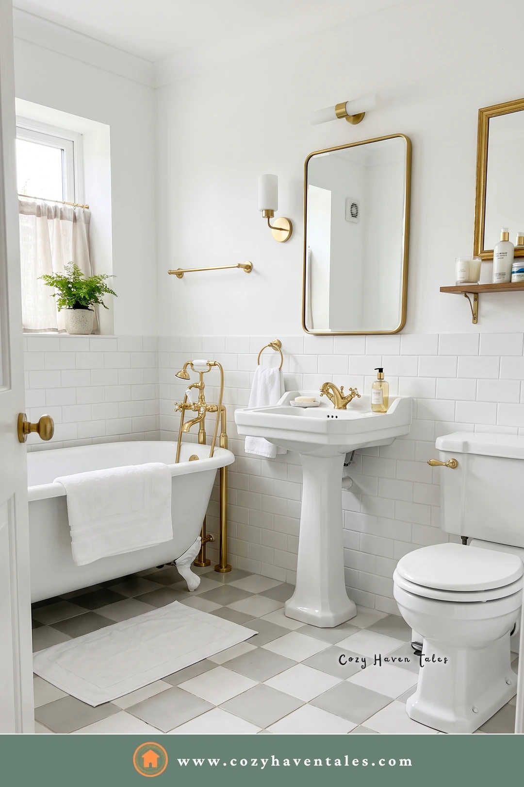 Cottage white bathroom with subway tile, a clawfoot tub, a pedestal sink, a gold mirror, and cafe curtains