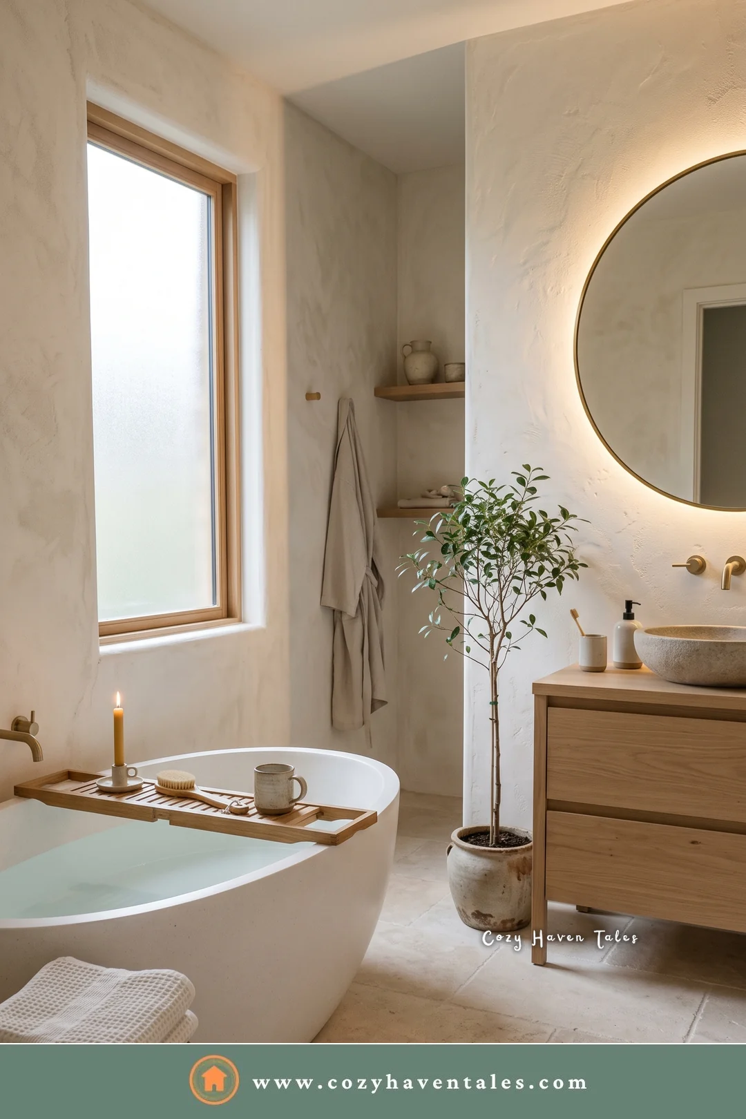 Bathroom with textured plaster walls, a backlit round mirror, a stone vessel sink, and a potted tree