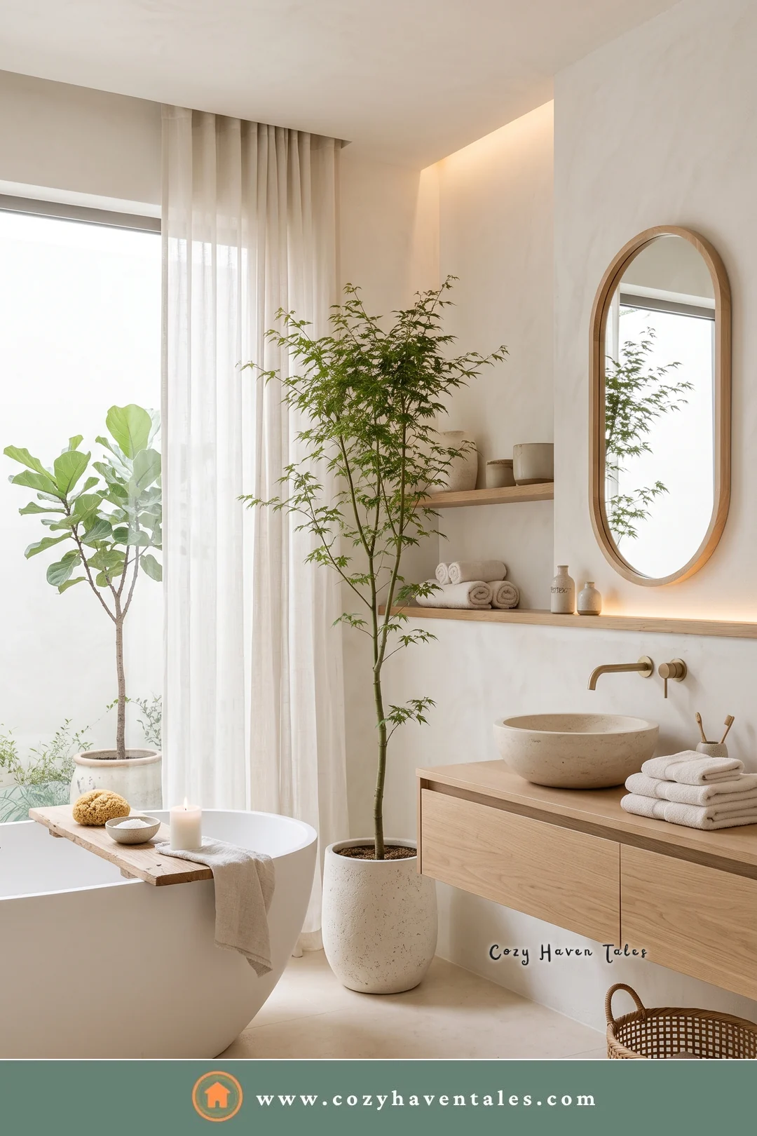 White bathroom with a potted tree, a wood floating vanity, a stone sink, an oval mirror, and a freestanding tub