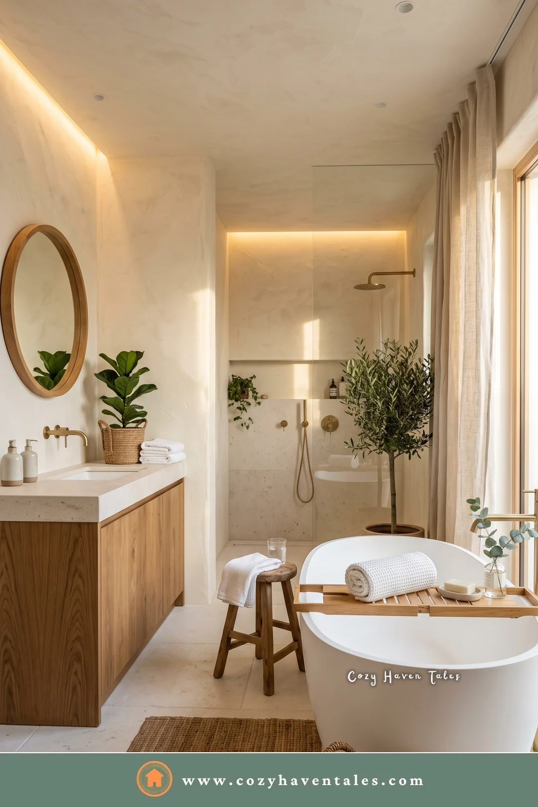 Warm white bathroom with a round wood mirror, a wood vanity, plaster walls, a freestanding tub, and a jute rug