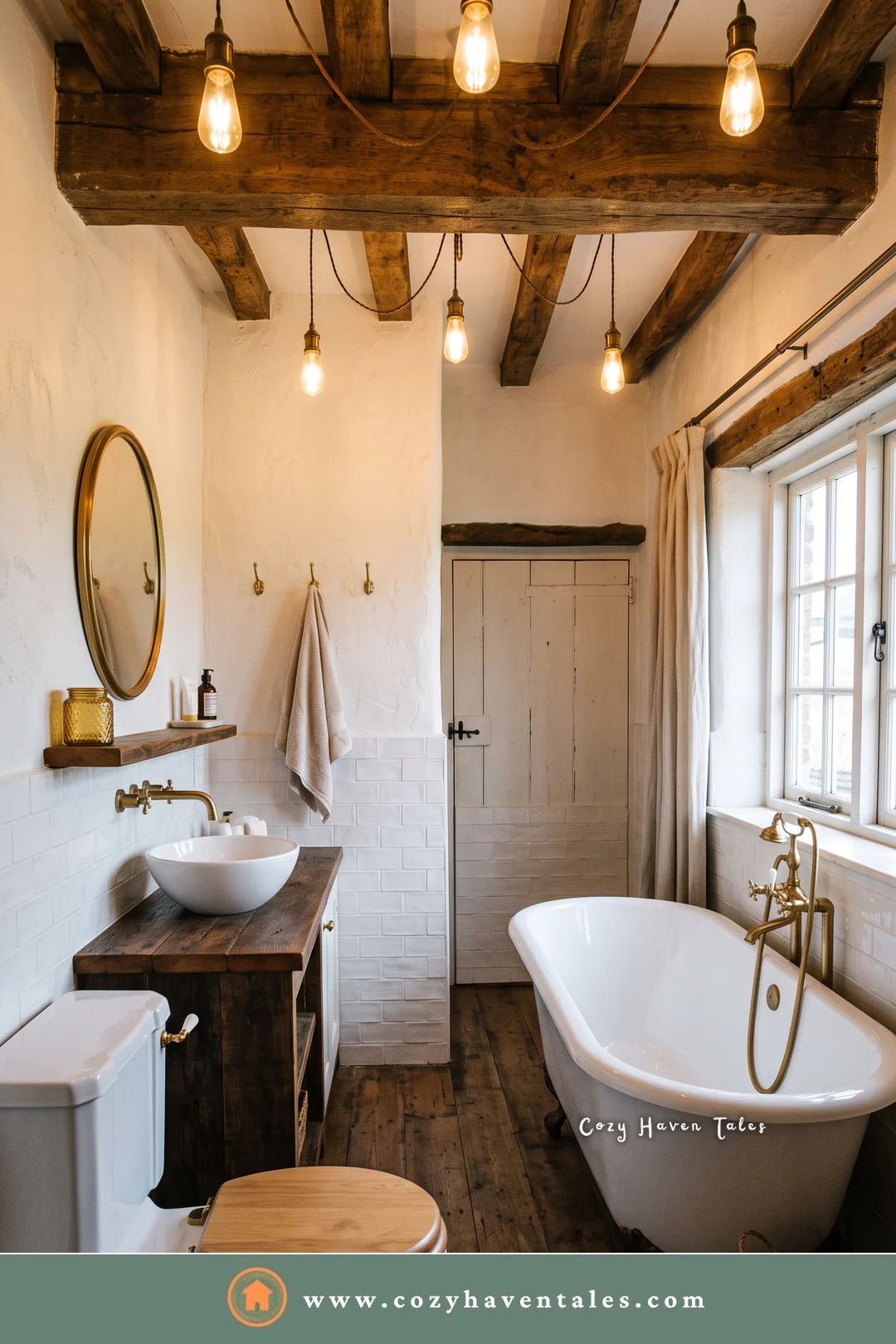 Rustic bathroom with dark wood beams, Edison bulb pendants, a clawfoot tub, and a reclaimed wood vanity