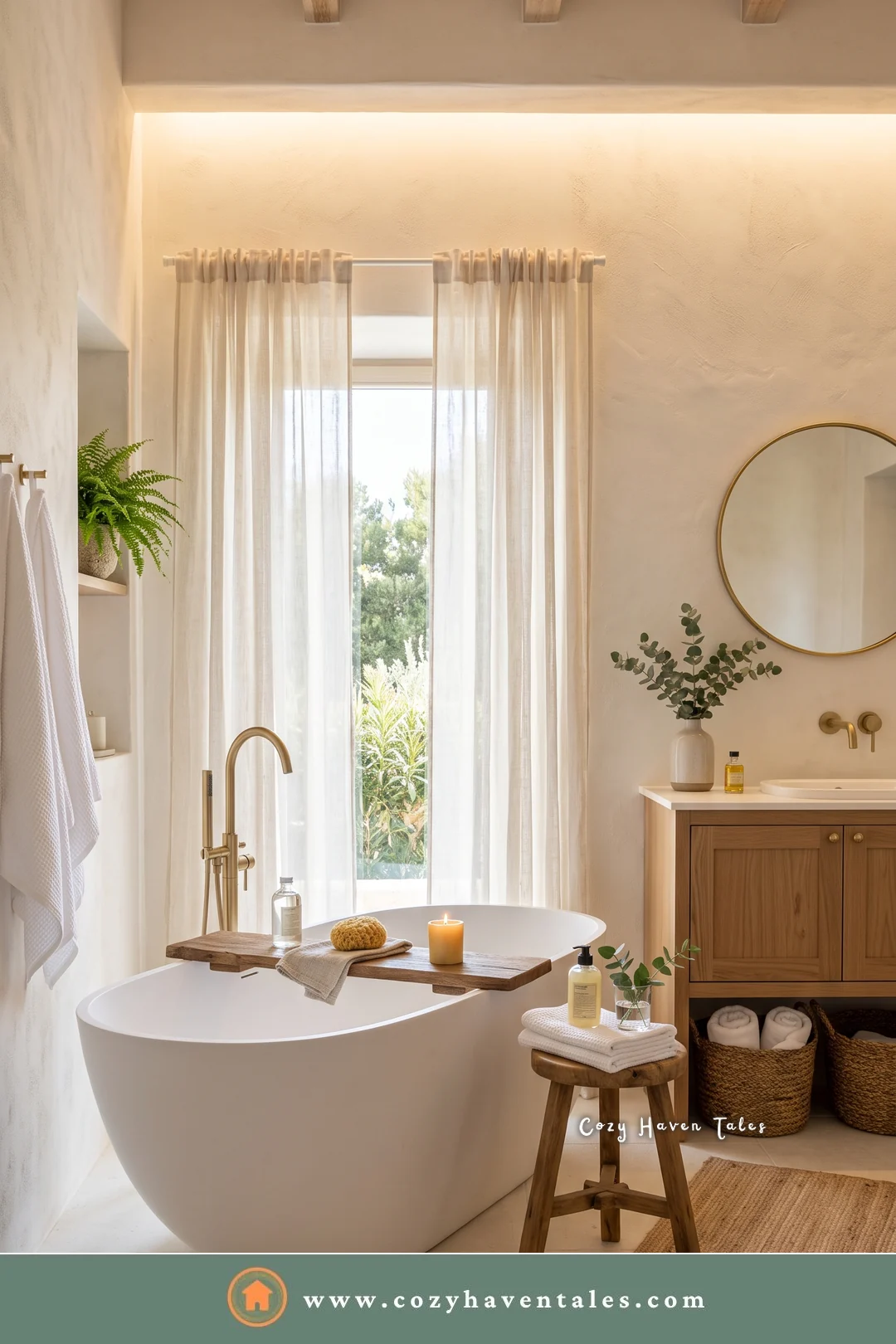Warm white bathroom with sheer linen curtains, pale wood ceiling beams, a freestanding tub, and a jute rug
