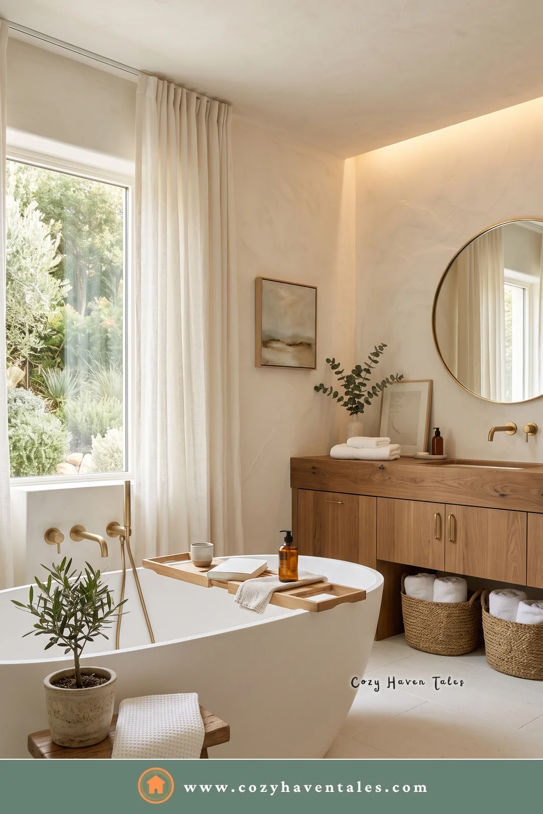 White bathroom with sheer curtains, a wood vanity with baskets, a round brass mirror, and a bath tray on the tub