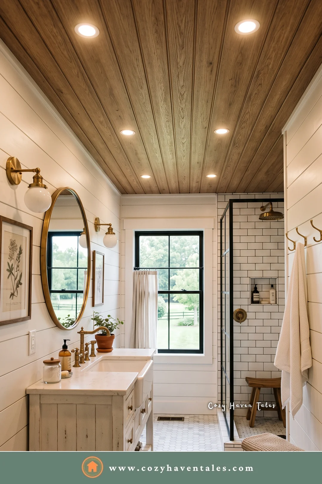 White shiplap bathroom with a wood ceiling, a rustic vanity, a subway-tile shower, and a jute runner