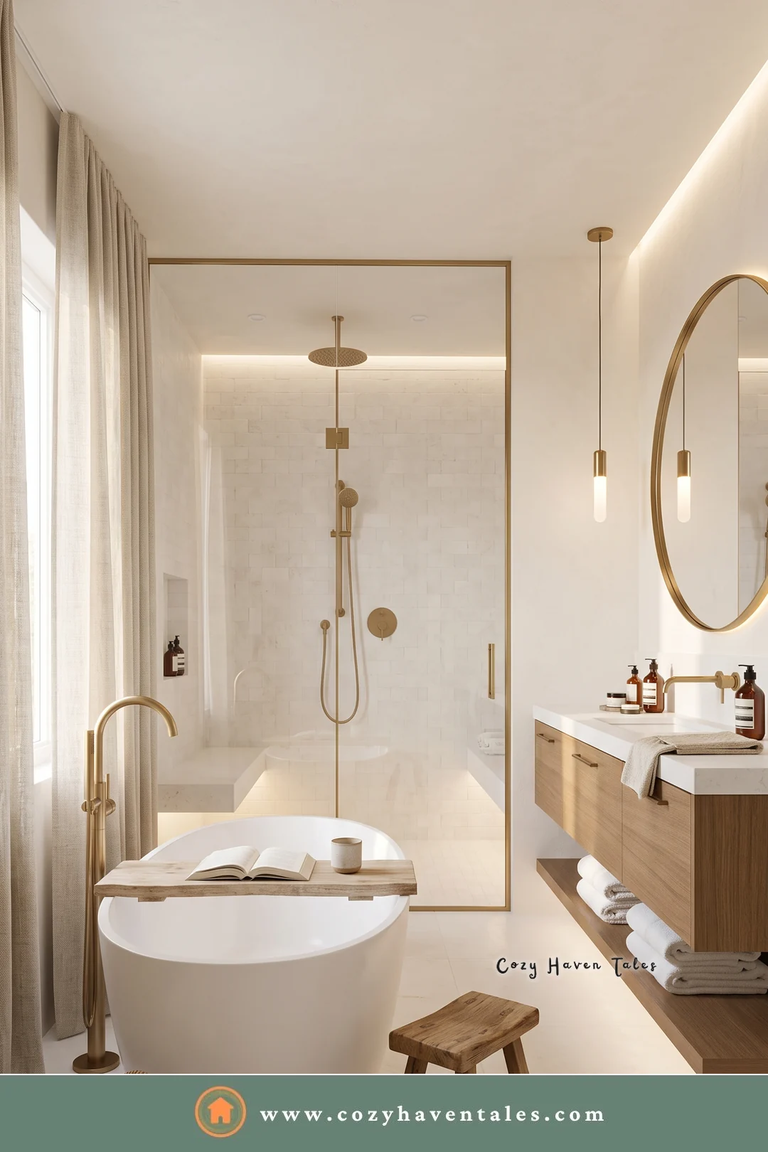 Warm minimalist bathroom with a brass-framed shower, a floating wood vanity, a round mirror, and a freestanding tub