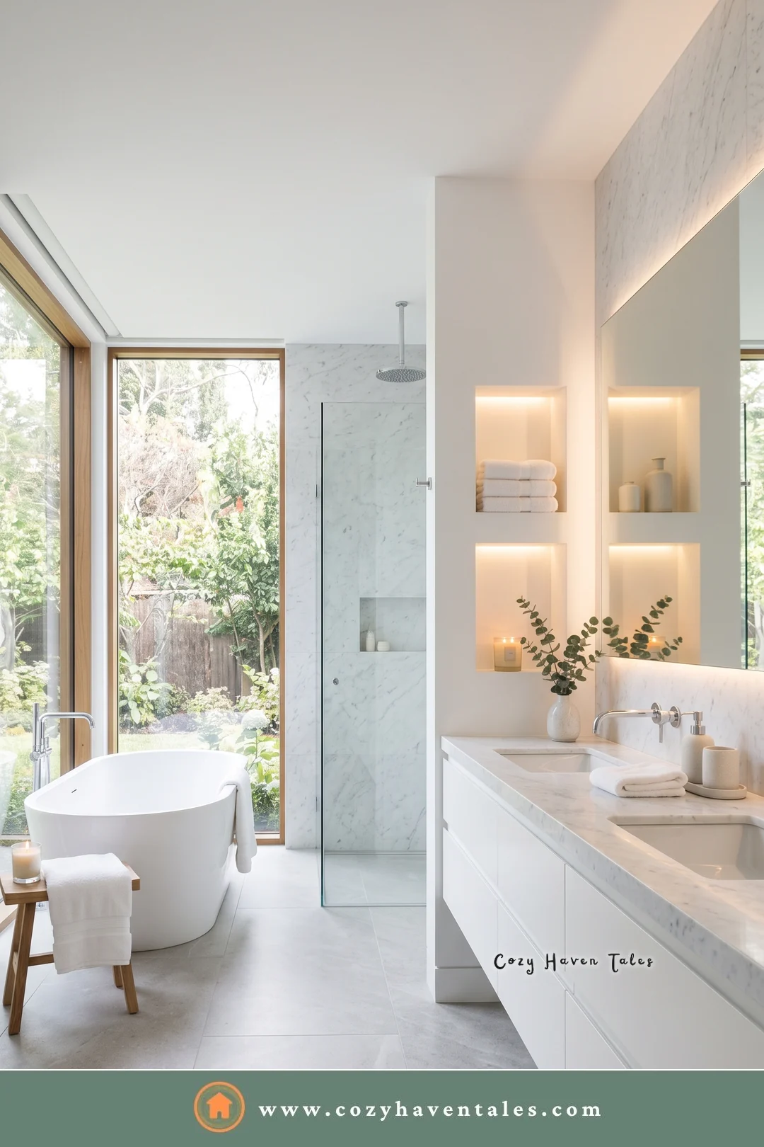 White bathroom with a freestanding tub beside a tall garden window, a wooden stool, and lit wall niches