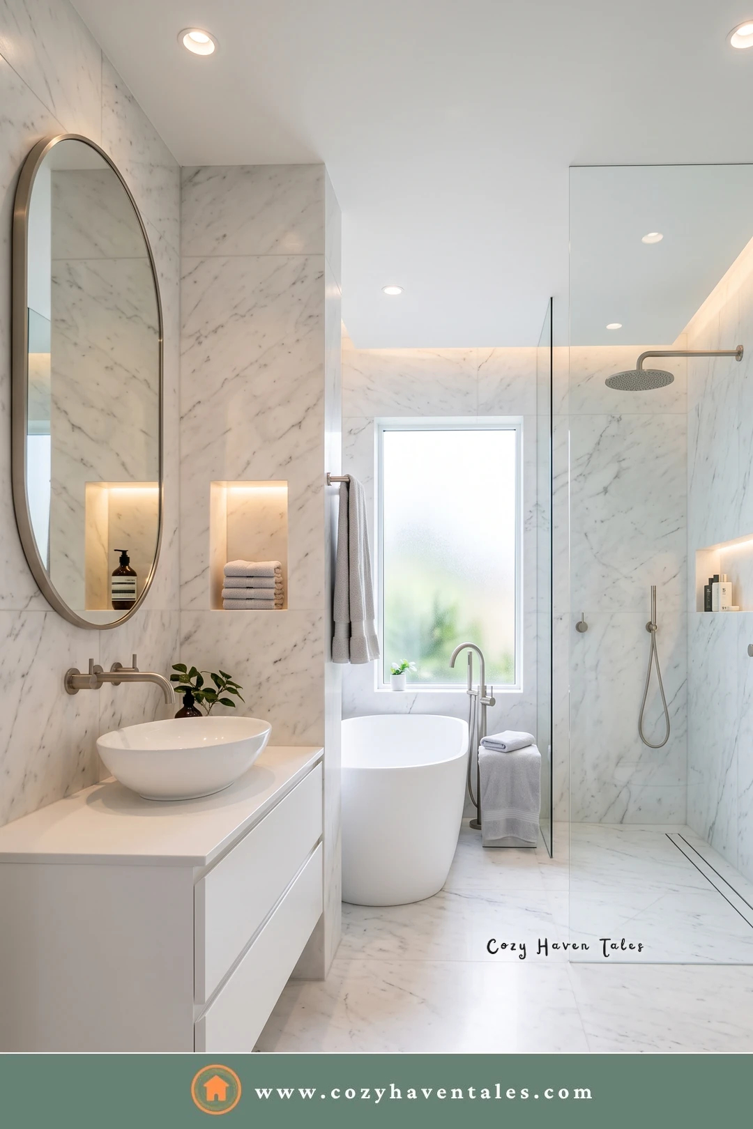 White bathroom with an oval brass mirror, a white vessel sink, lit shelf niches, and a walk-in shower