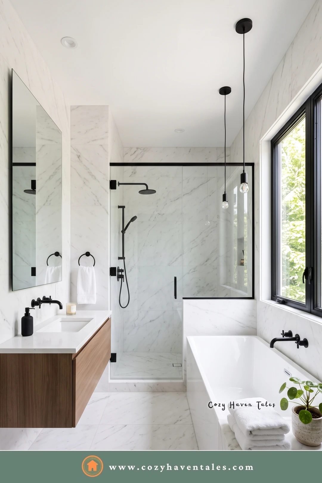 White marble bathroom with a walnut floating vanity, matte black fixtures, and a black-framed glass shower