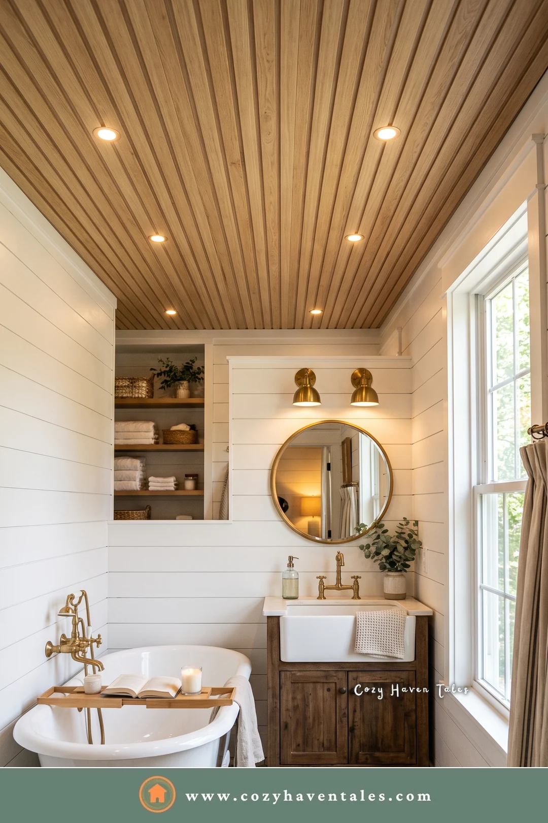 Farmhouse bathroom with a wood-plank ceiling, shiplap walls, a clawfoot tub, and a round brass mirror